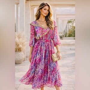 Vintage Diane Freis 100% Silk  Dress Pink Gold Boho Resort Luxe